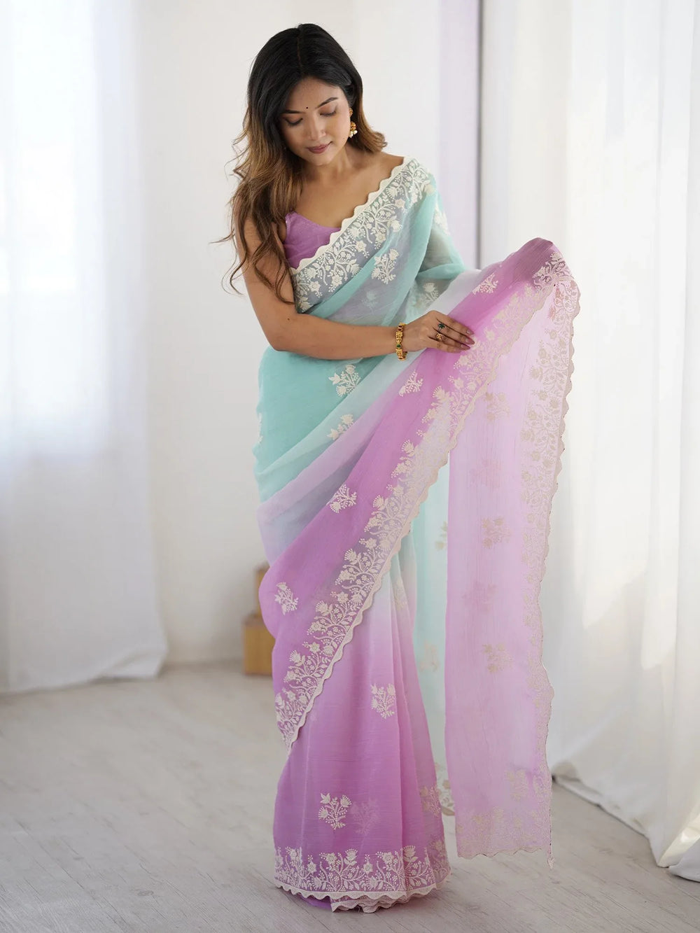 Turquoise Party Wear Tissue Embroidered Saree - The Dori Store