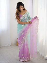 Turquoise Party Wear Tissue Embroidered Saree - The Dori Store