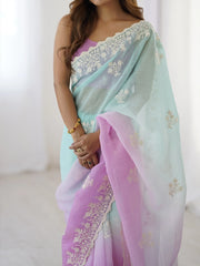 Turquoise Party Wear Tissue Embroidered Saree - The Dori Store