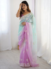 Turquoise Party Wear Tissue Embroidered Saree - The Dori Store
