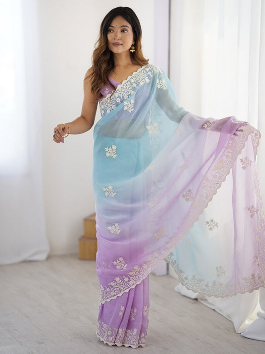 Blue Light Party Wear Tissue Embroidered Saree