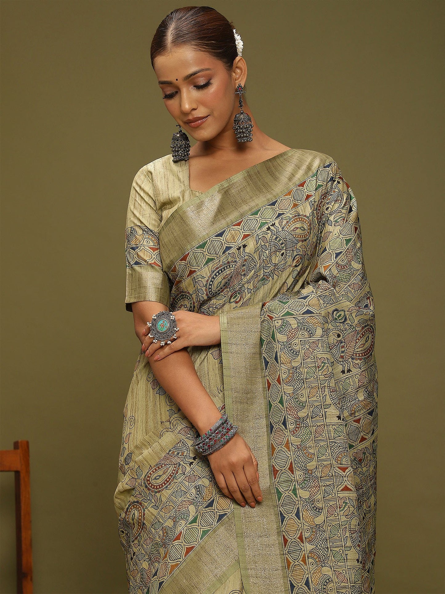 Light Block Print Satin Silk Digital Print Saree
