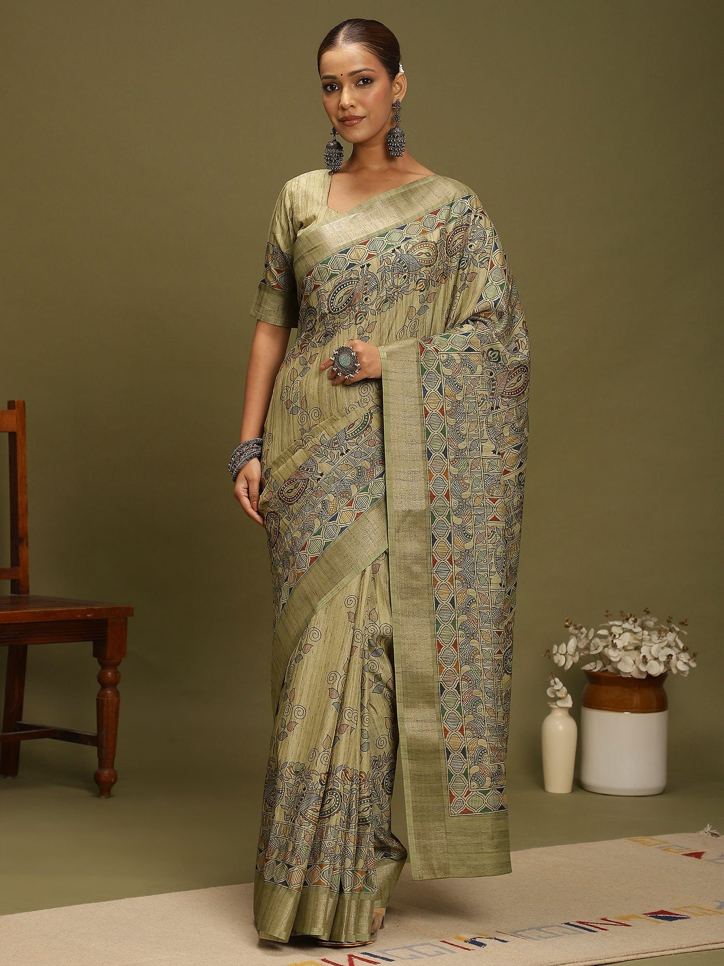 Green Light Block Print Satin Silk Digital Print Saree