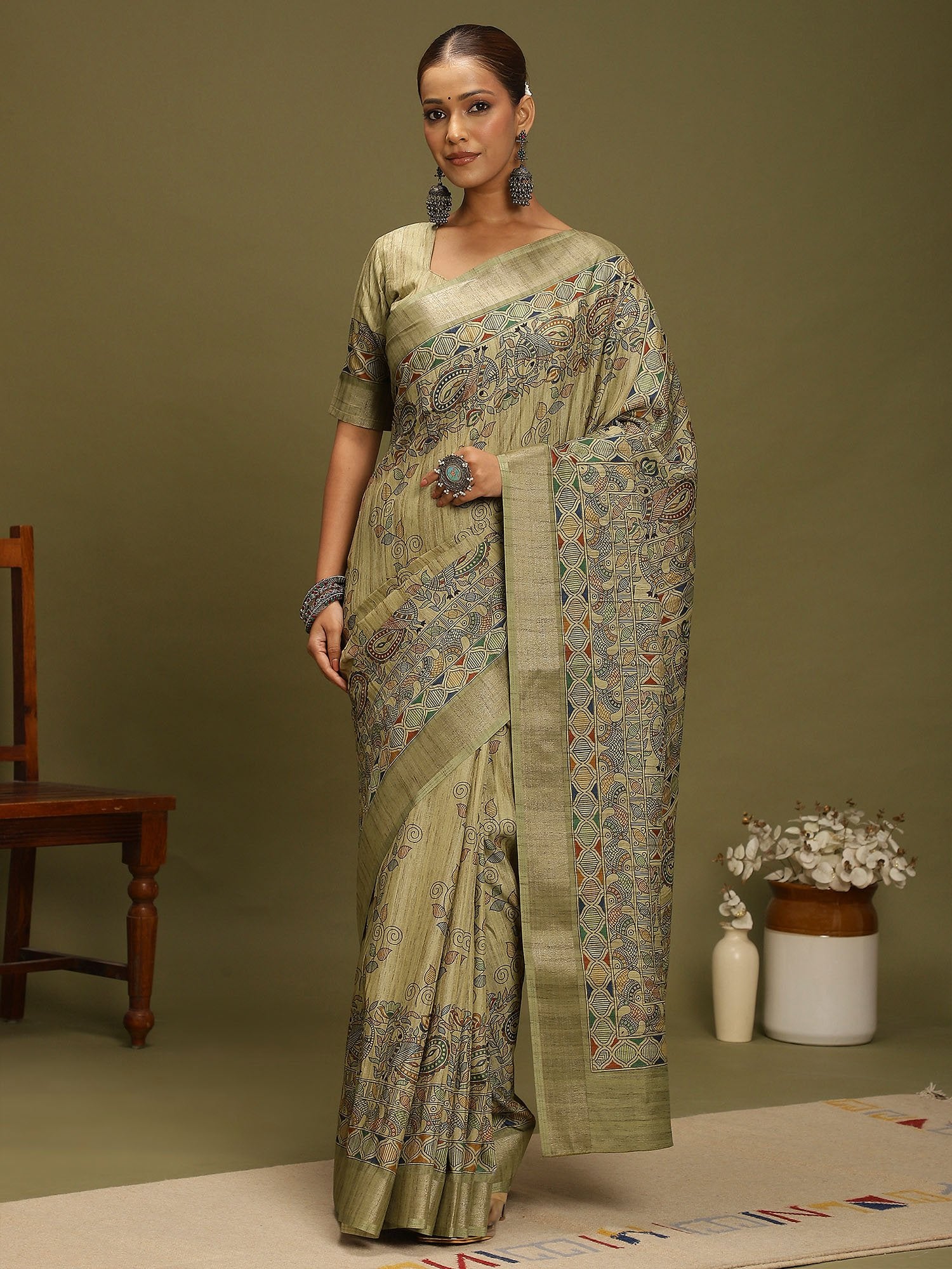 Green Light Block Print Satin Silk Digital Print Saree