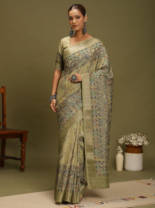 Green Light Block Print Satin Silk Digital Print Saree