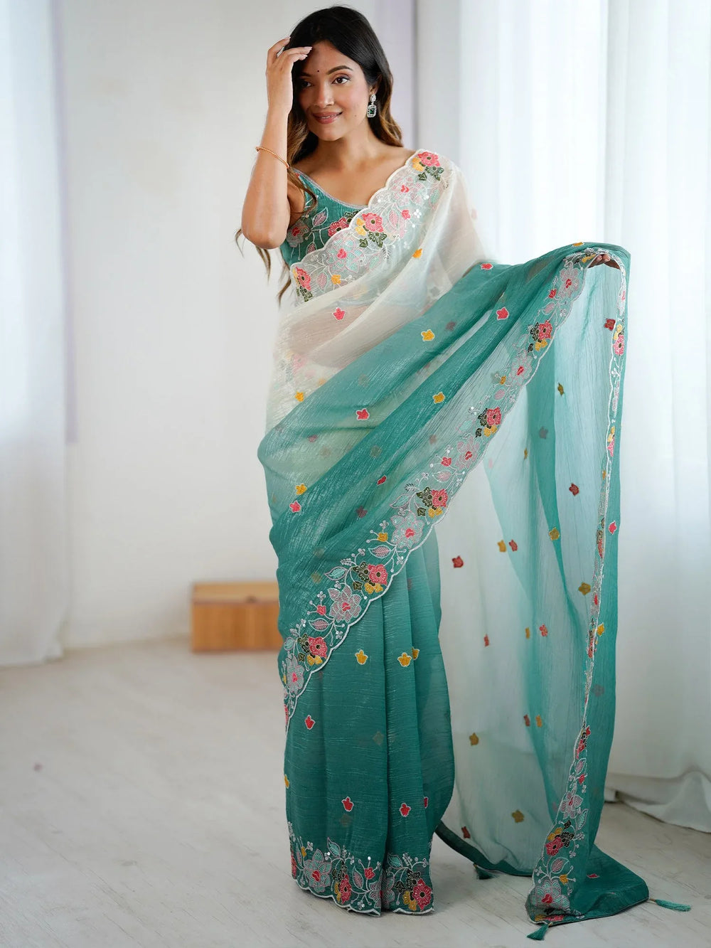 Green and White Party Wear Chiffon Saree - The Dori Store