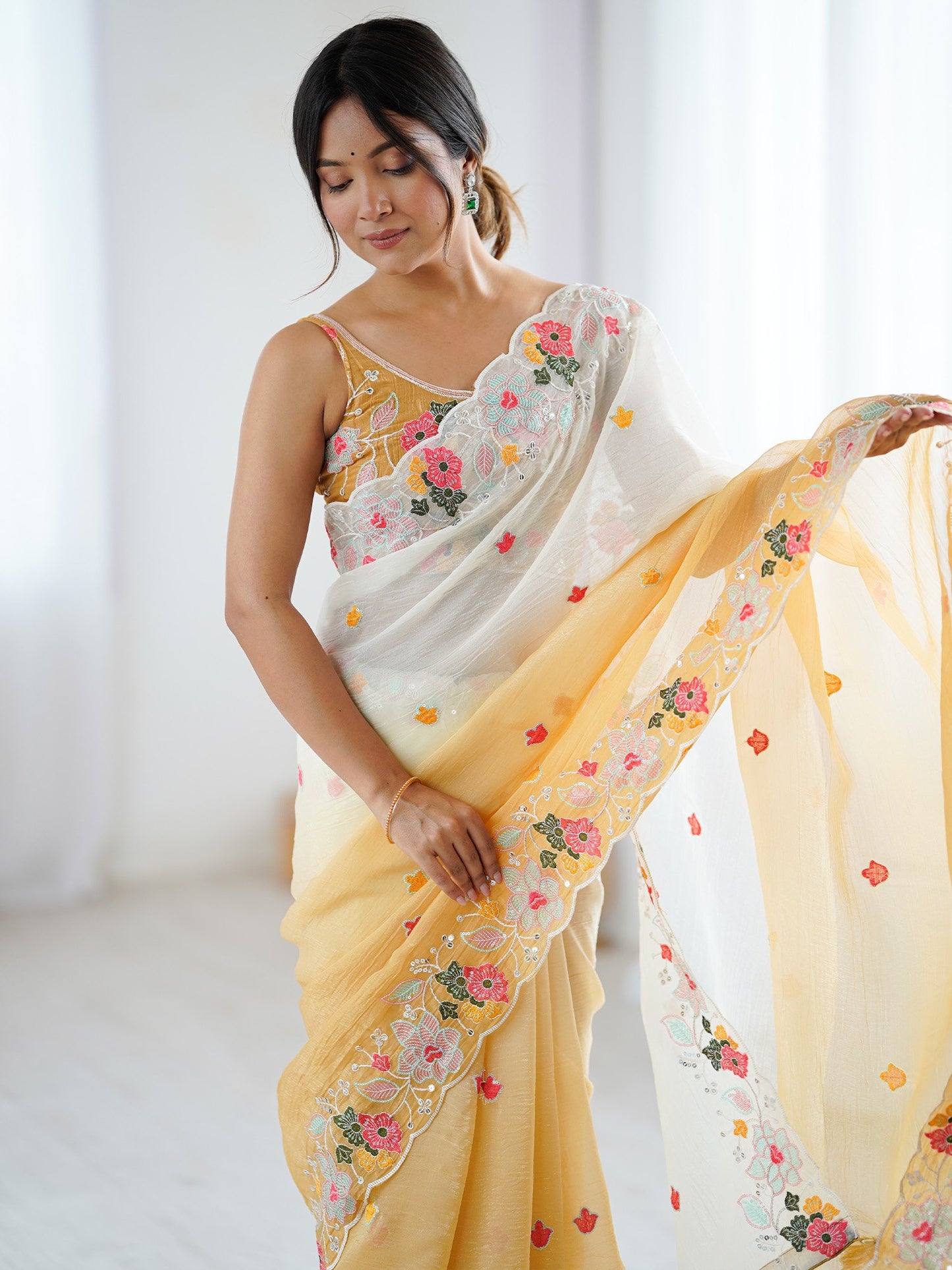 Mustard Party Wear Chiffon Embellished Saree