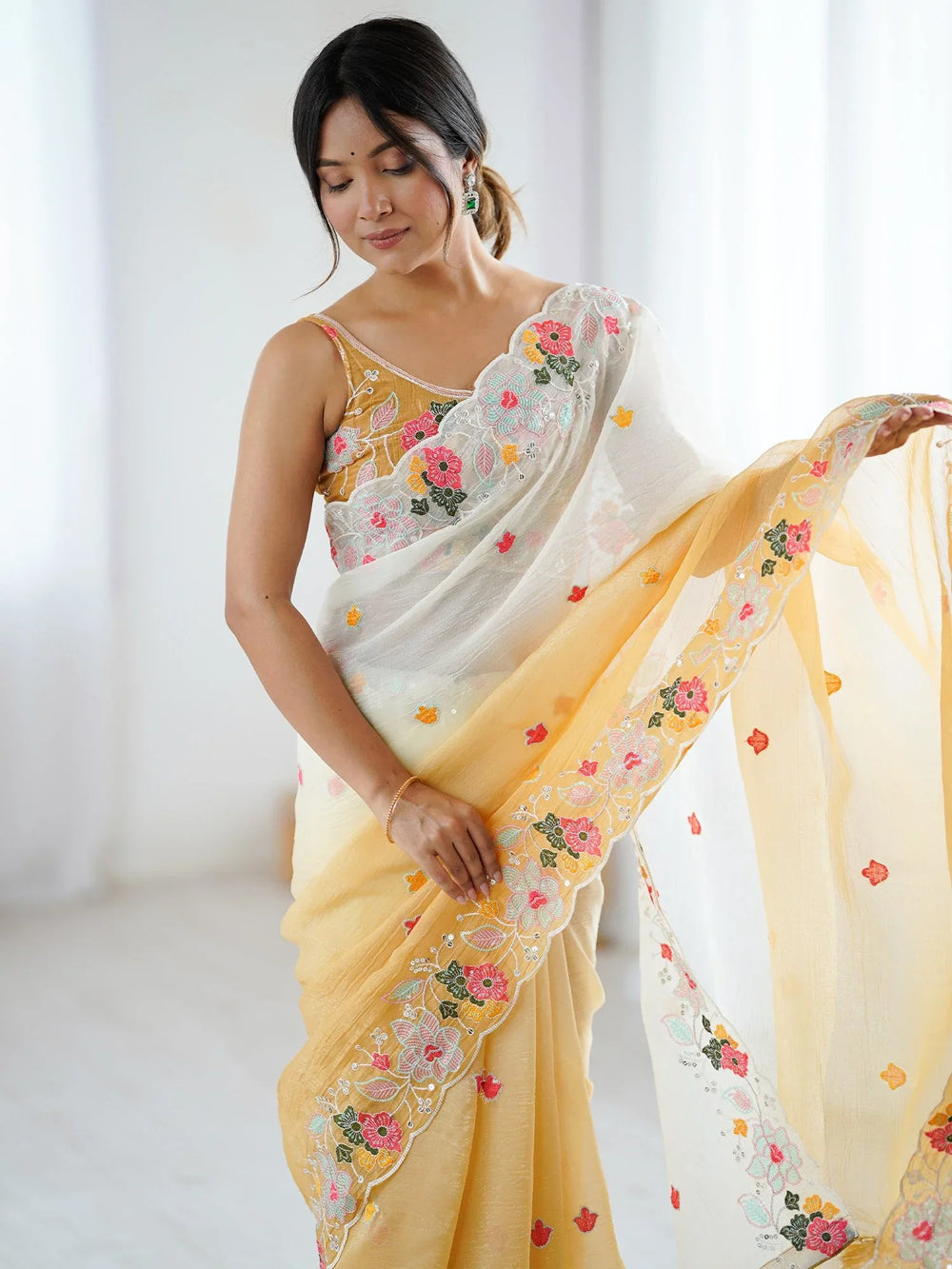 Mustard Party Wear Chiffon Embellished Saree - The Dori Store
