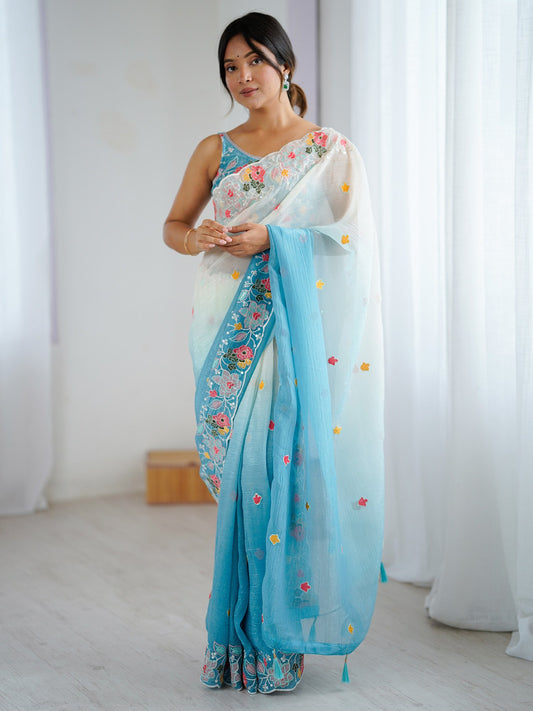 Blue Light Party Wear Chiffon Embellished Saree