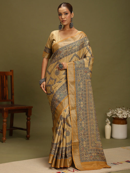 Yellow Mustard Block Print Satin Silk Digital Print Saree