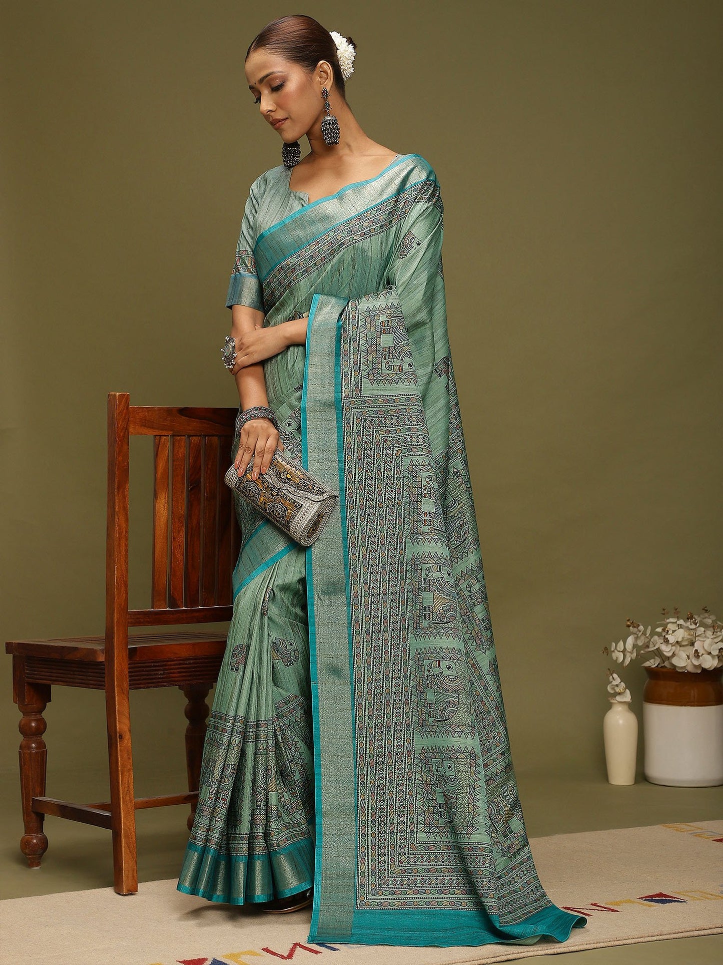 Light Block Print Satin Silk Digital Print Saree