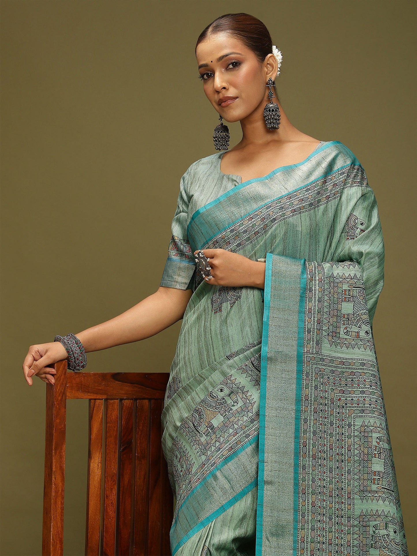 Light Block Print Satin Silk Digital Print Saree