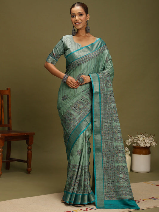 Blue Light Block Print Satin Silk Digital Print Saree