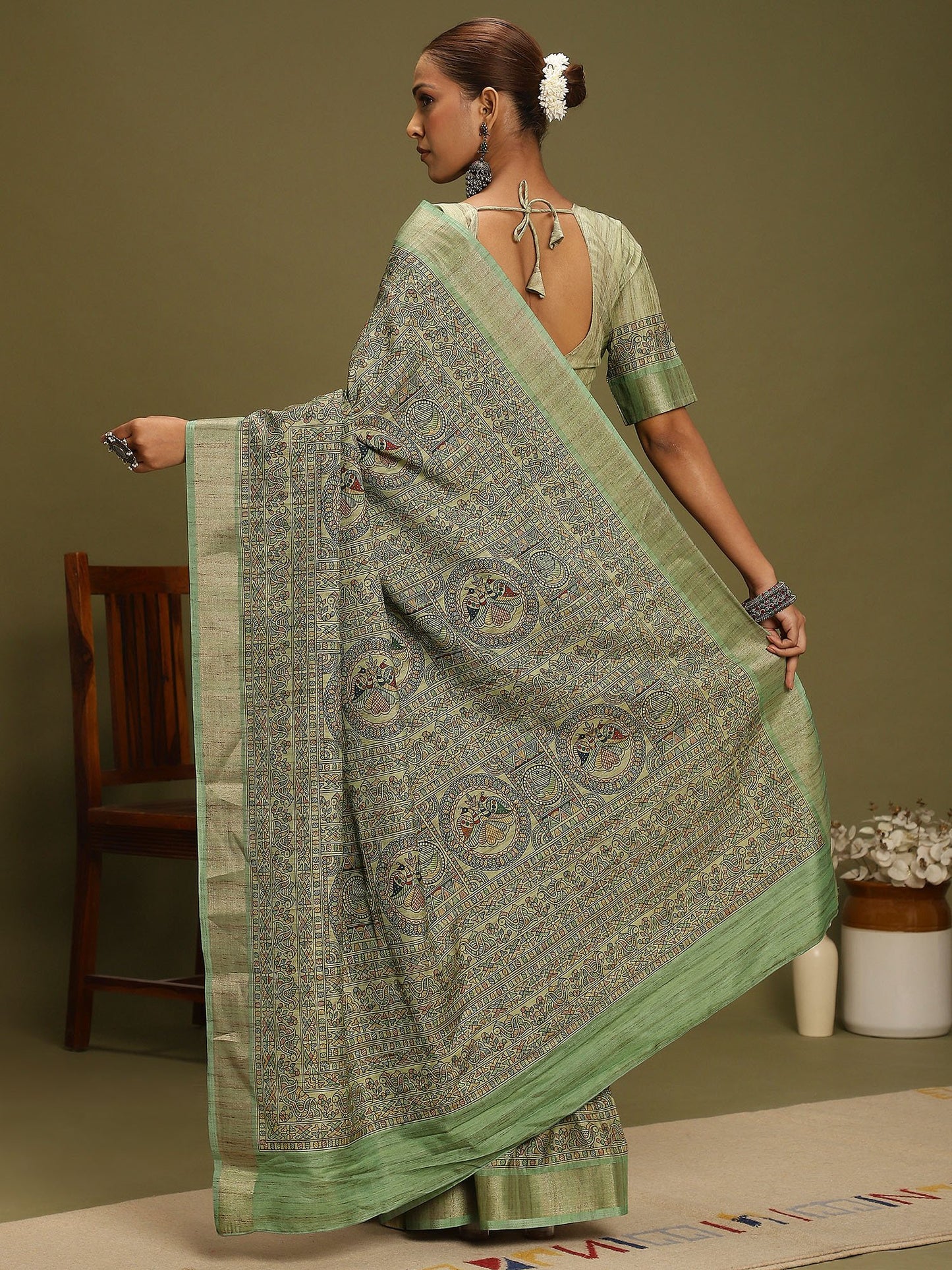 Sea Block Print Satin Silk Digital Print Saree