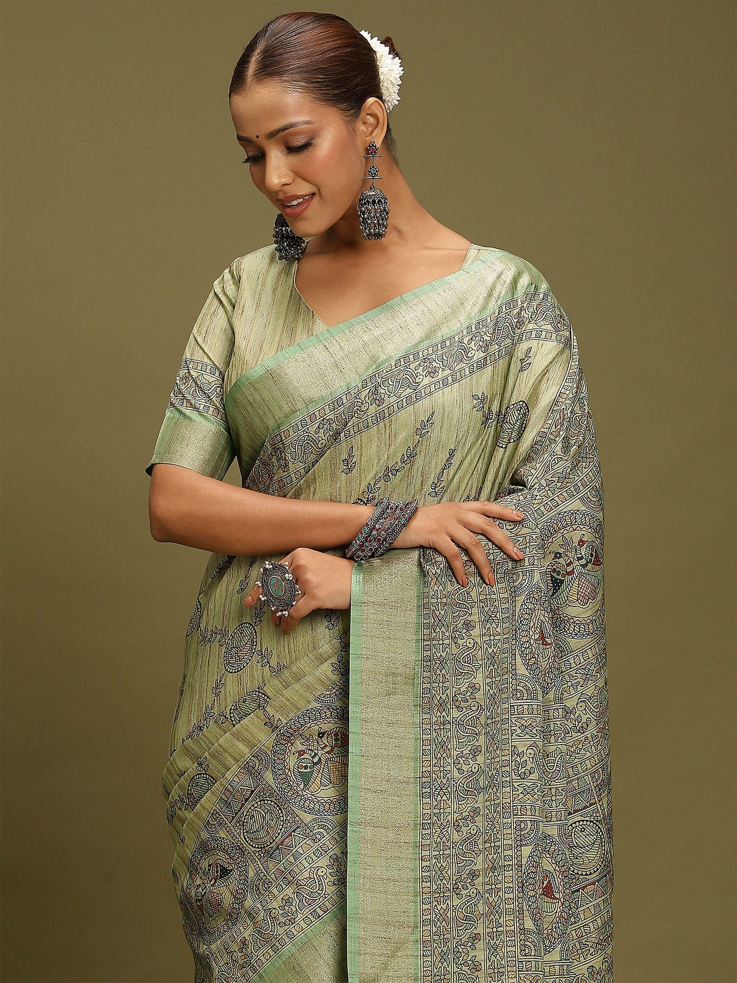 Sea Block Print Satin Silk Digital Print Saree