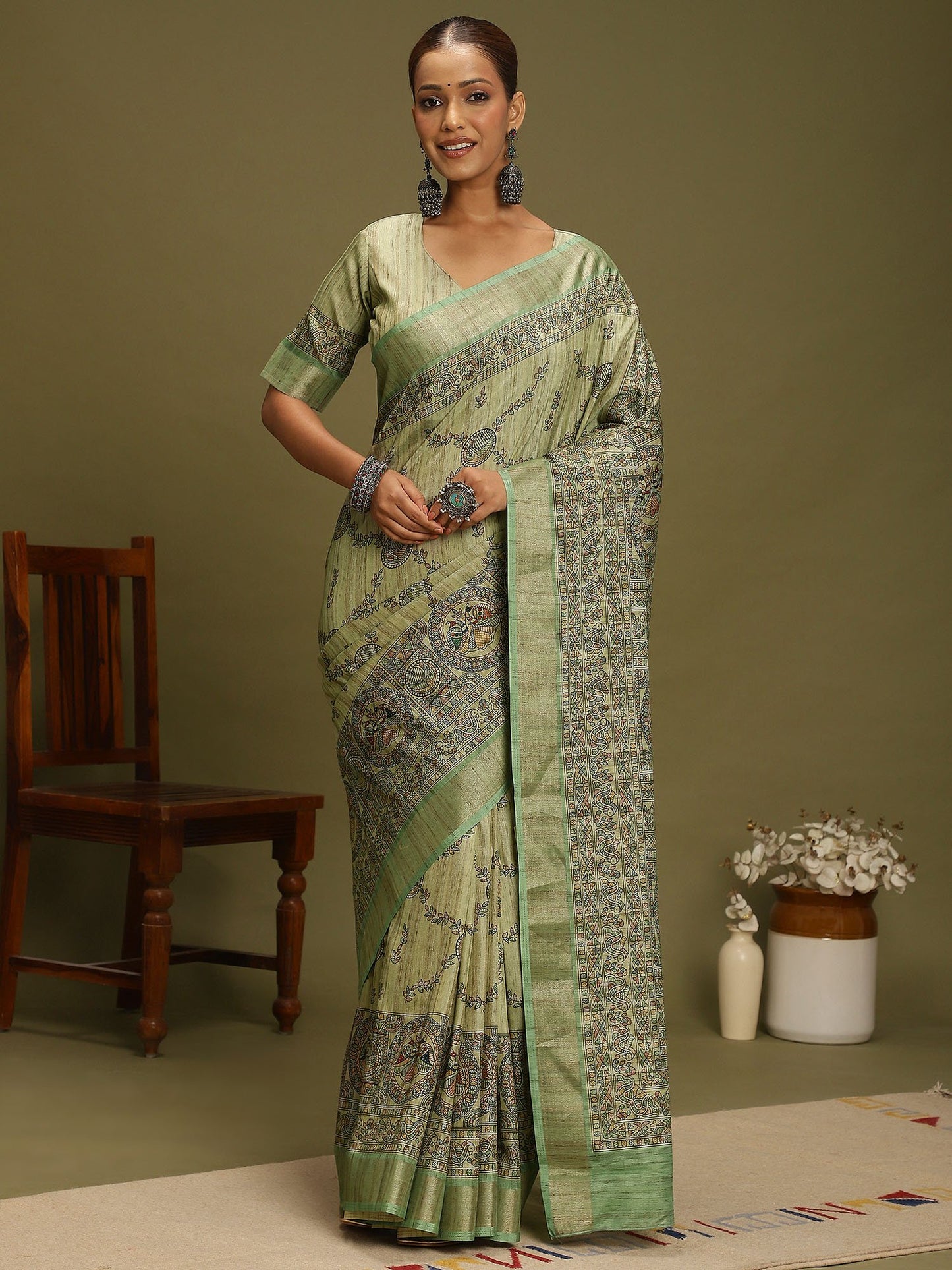 green Sea Block Print Satin Silk Digital Print Saree