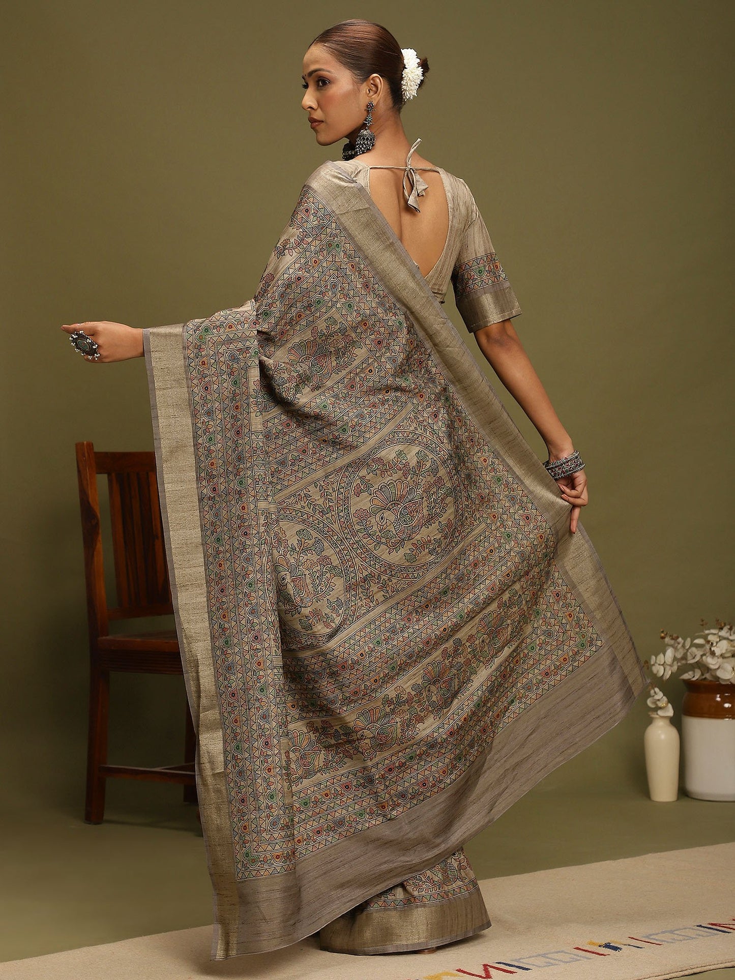 Beige Block Print Satin Silk Digital Print Saree