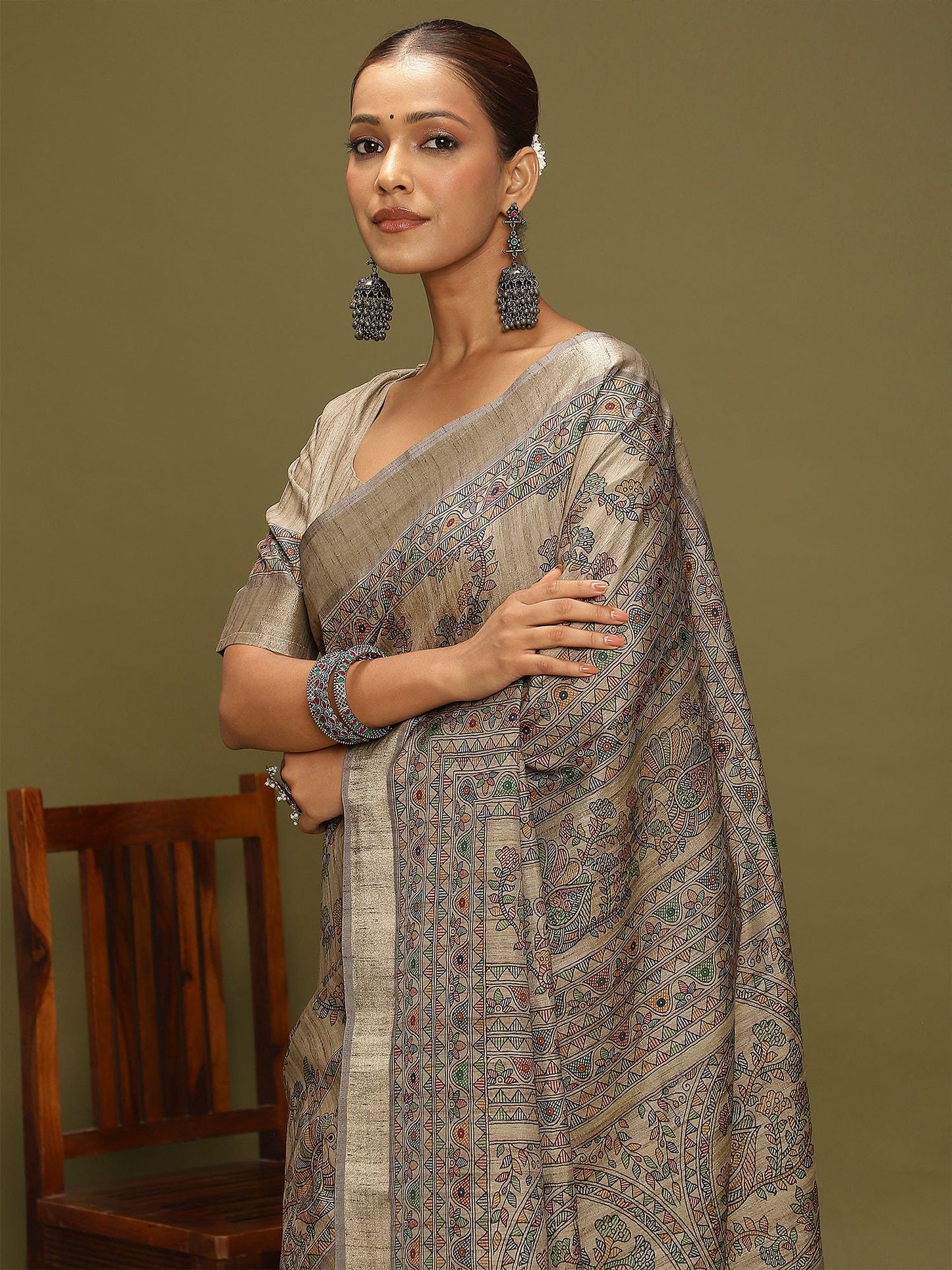 Beige Block Print Satin Silk Digital Print Saree