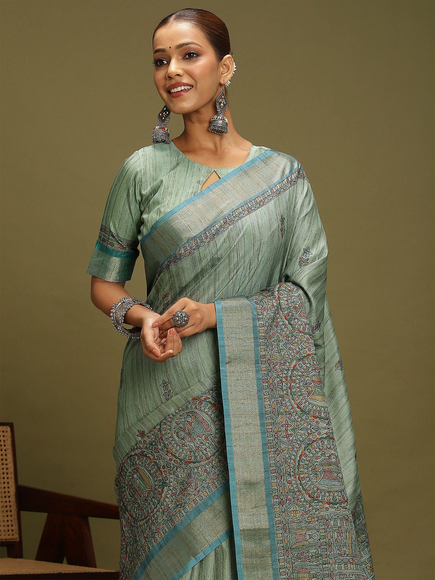 Light Block Print Satin Silk Digital Print Saree