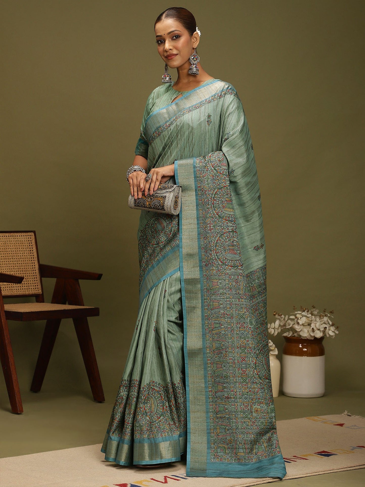 Light Block Print Satin Silk Digital Print Saree