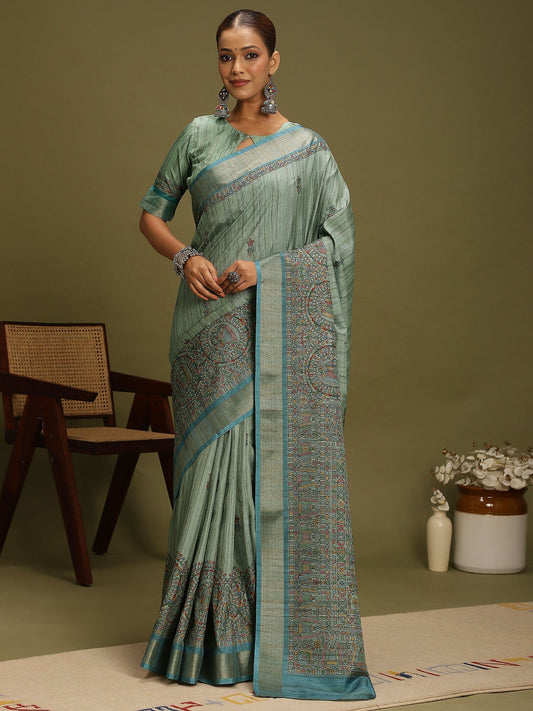 NBlue Light Block Print Satin Silk Digital Print Saree