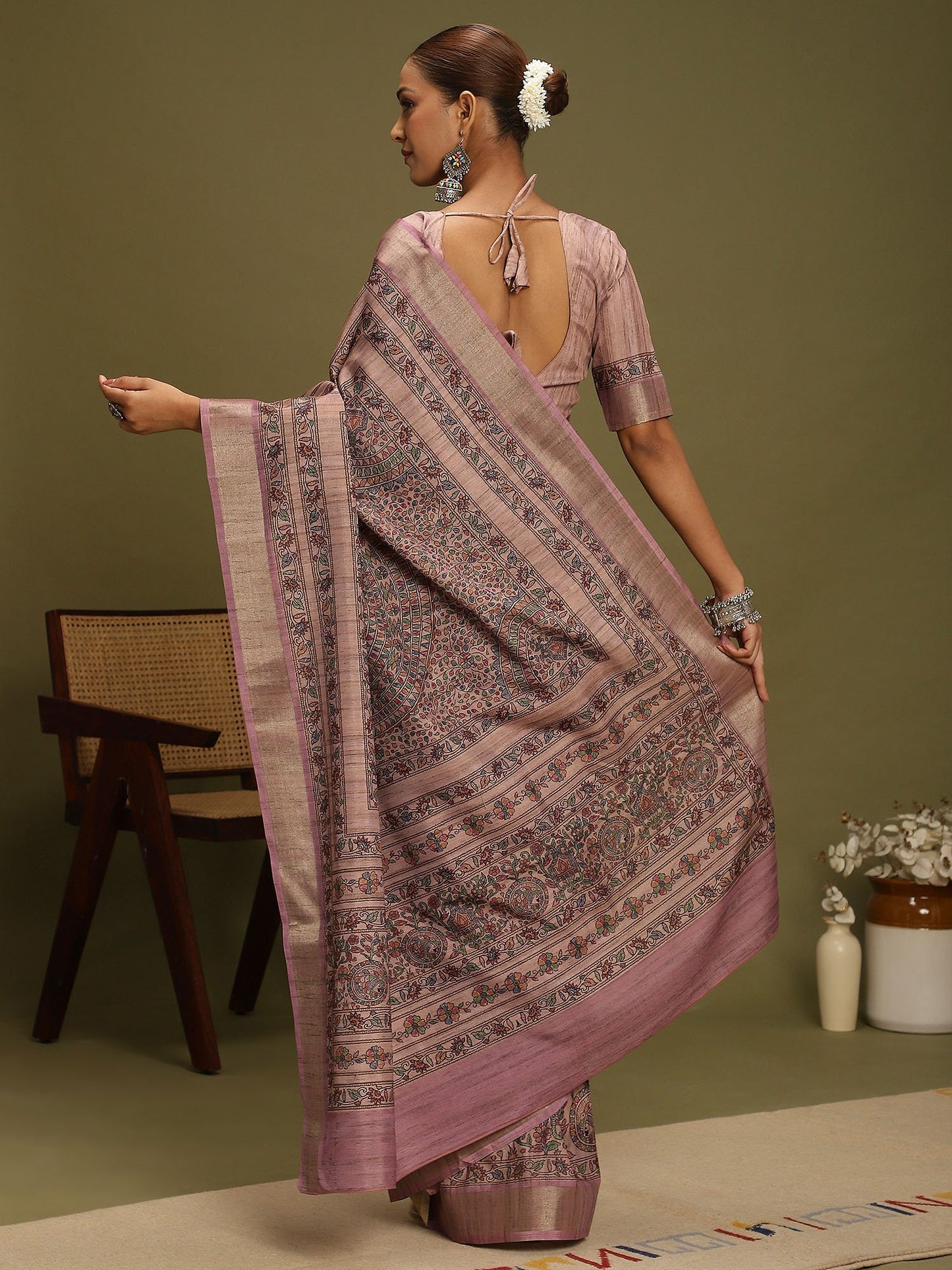 Purple Block Print Satin Silk Digital Print Saree