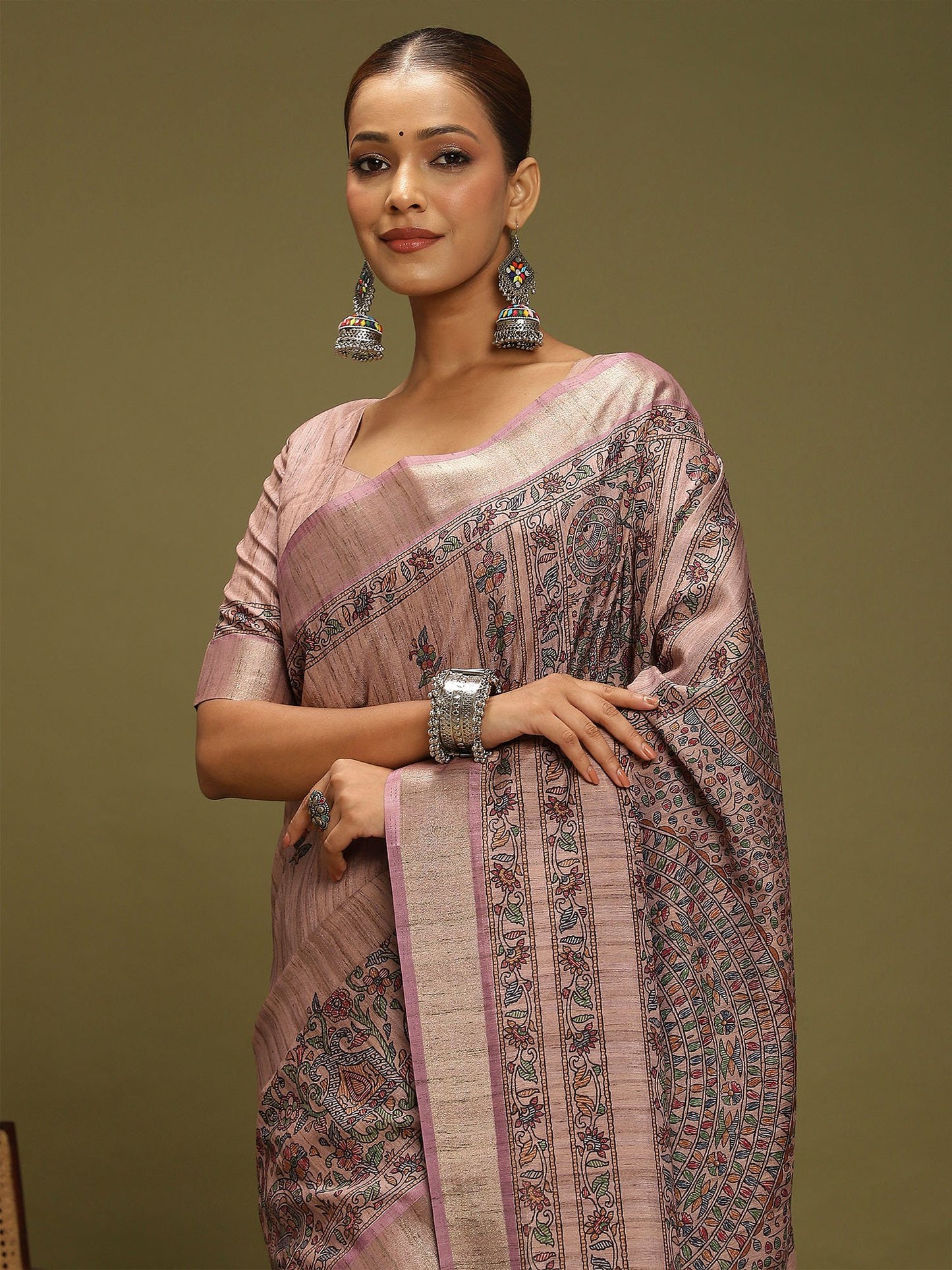 Purple Block Print Satin Silk Digital Print Saree