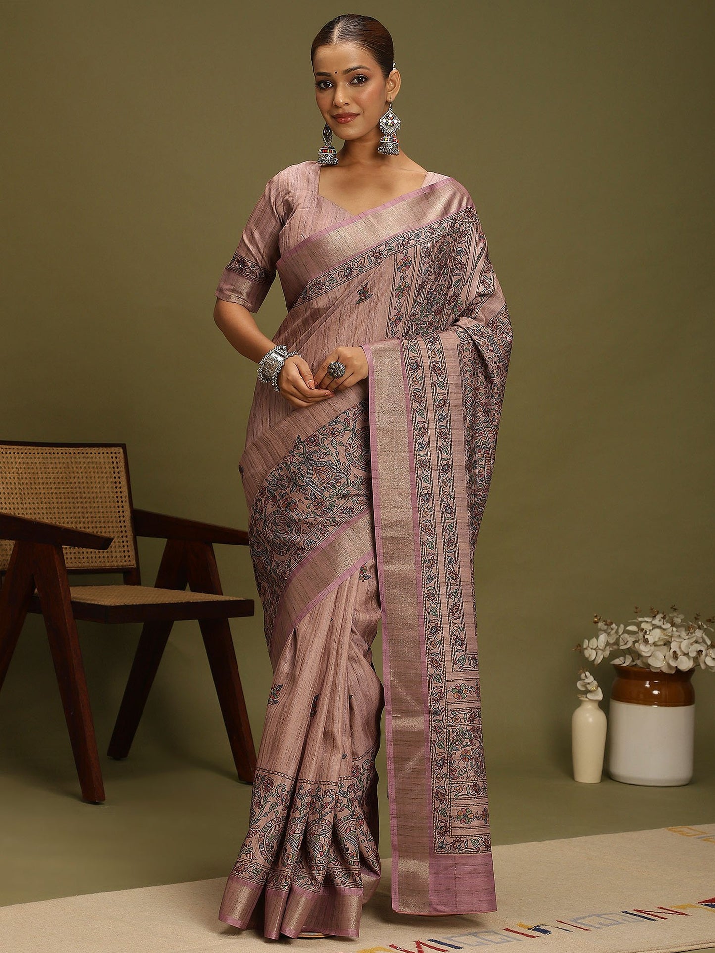 Purple Purple Block Print Satin Silk Digital Print Saree