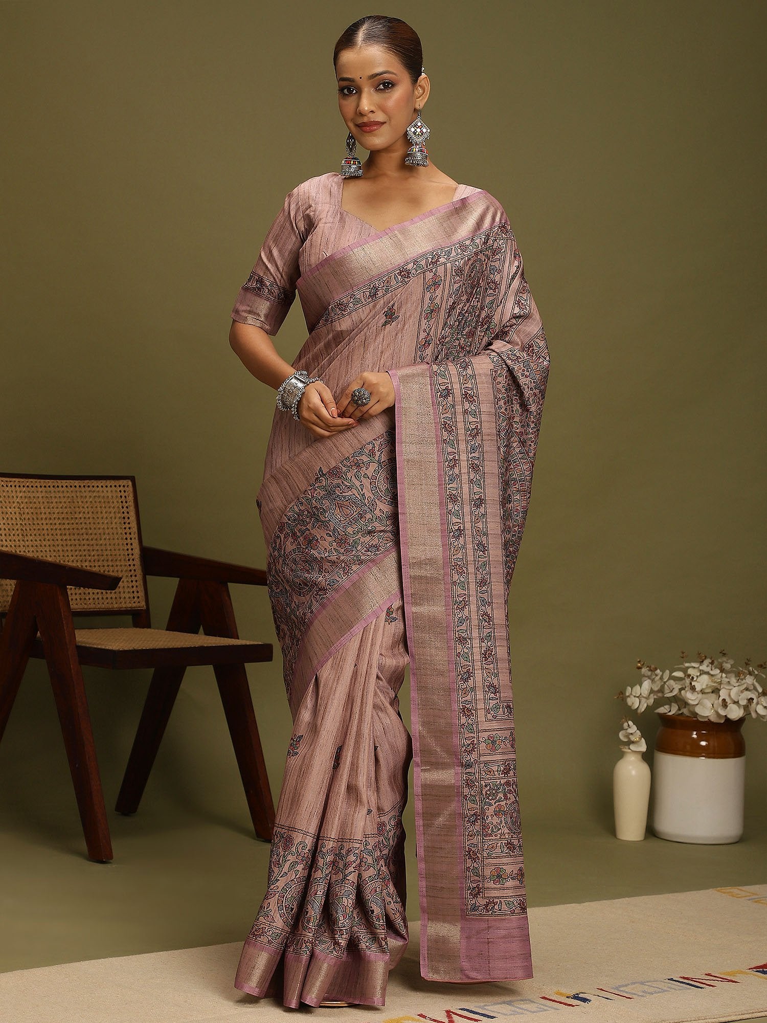 Purple Purple Block Print Satin Silk Digital Print Saree