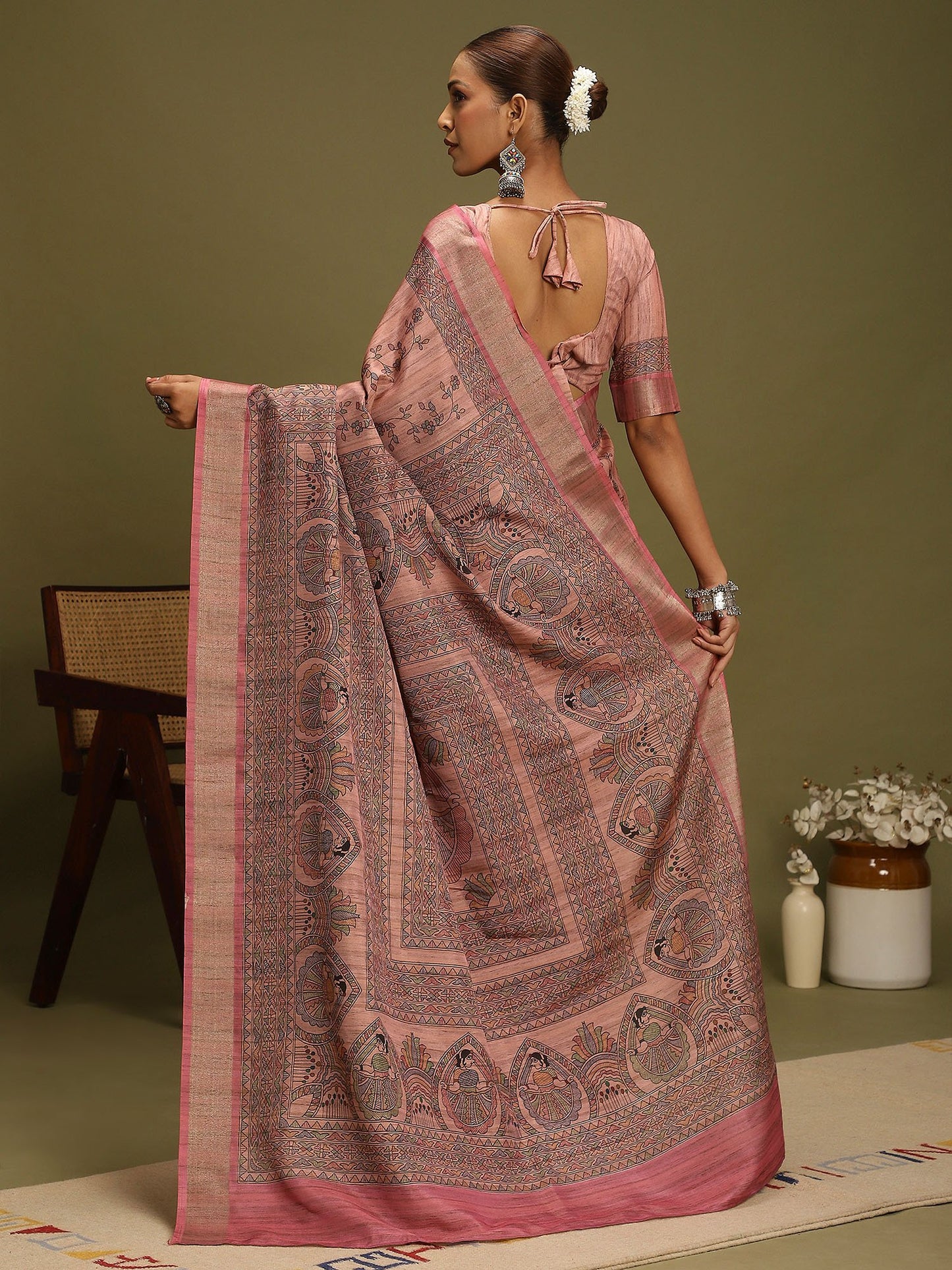 Pink Block Print Satin Silk Digital Print Saree
