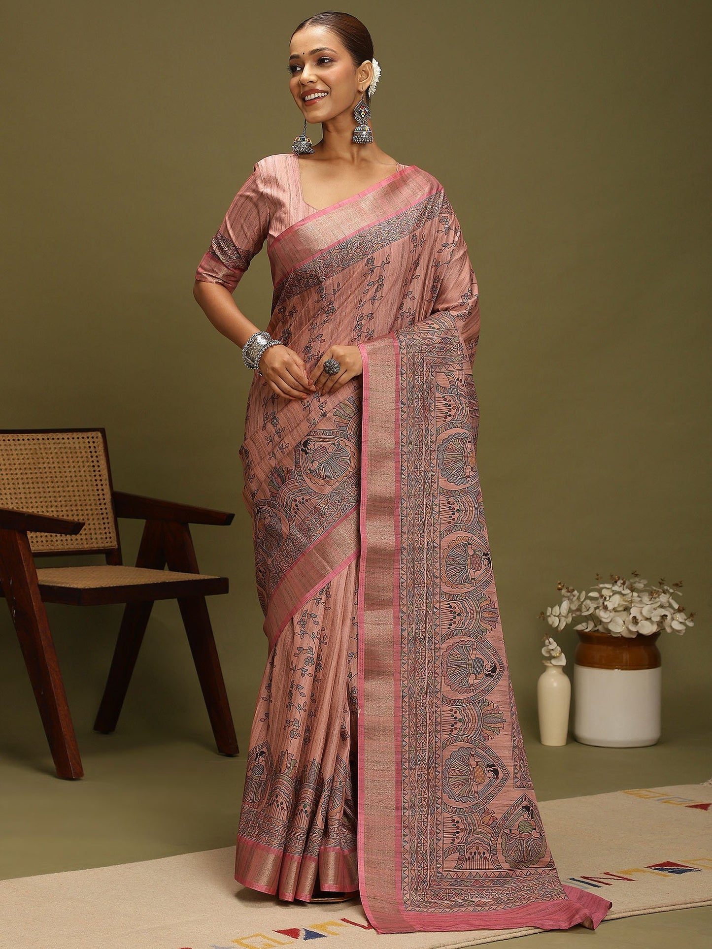 Pink Pink Block Print Satin Silk Digital Print Saree