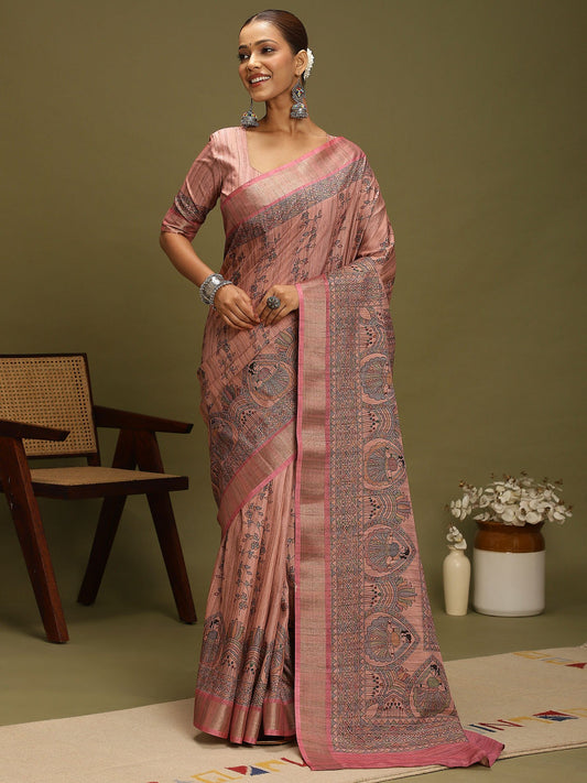 Pink Pink Block Print Satin Silk Digital Print Saree