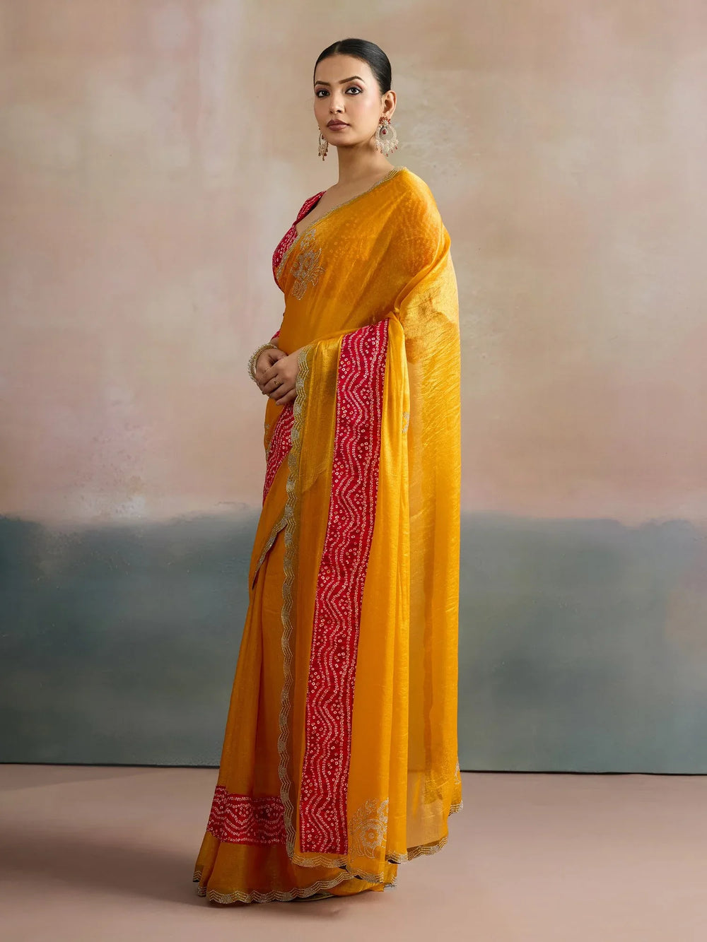 Yellow Party Wear Chiffon Embellished Saree - The Dori Store