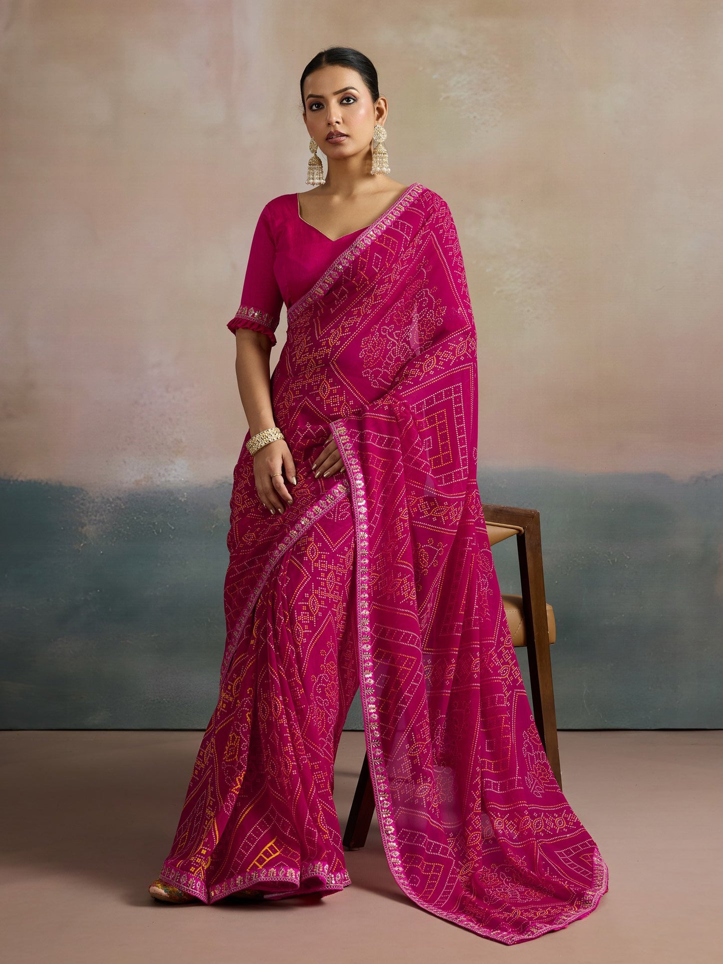 Pink Bandhani Georgette Printed Saree