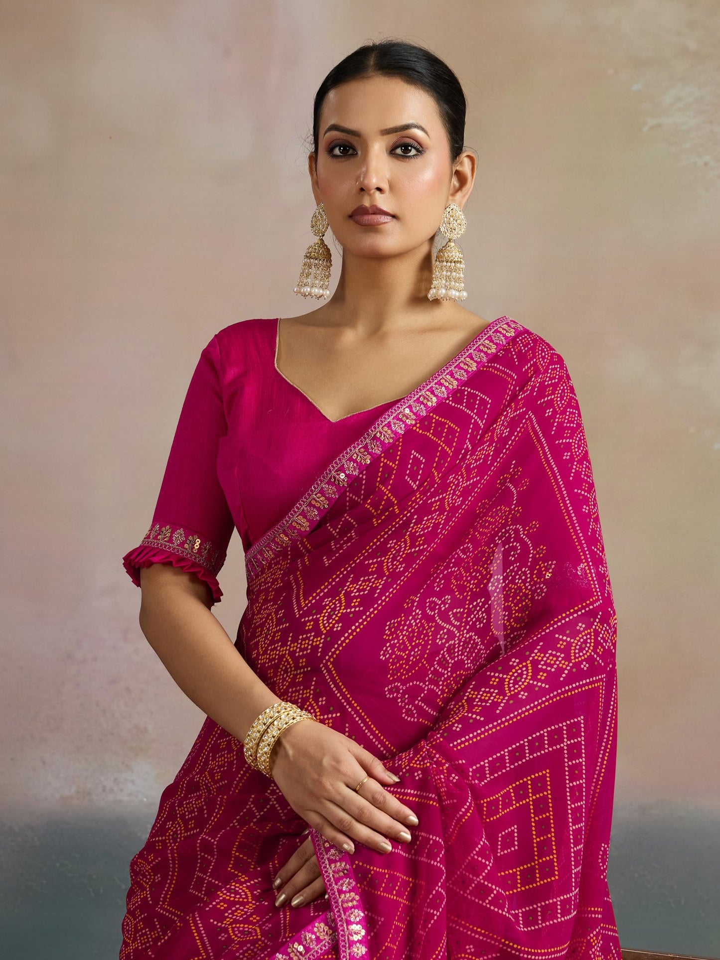 Pink Bandhani Georgette Printed Saree