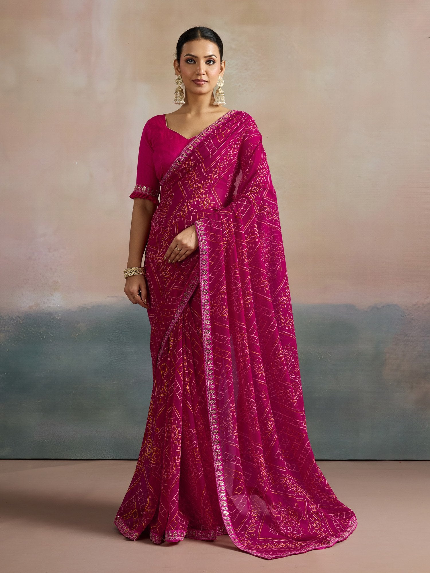 Pink Pink Bandhani Georgette Printed Saree
