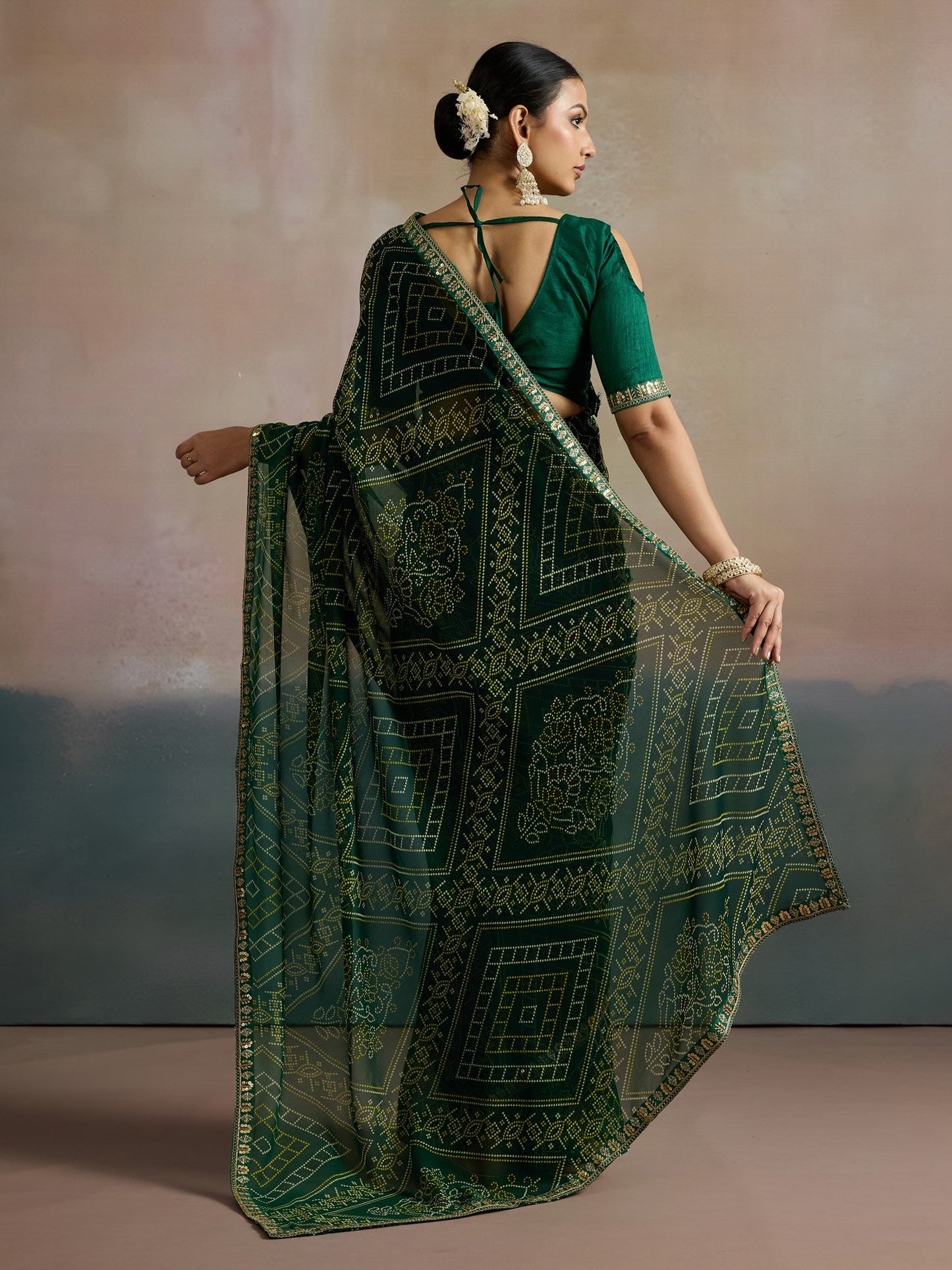 Green Bandhani Georgette Printed Saree