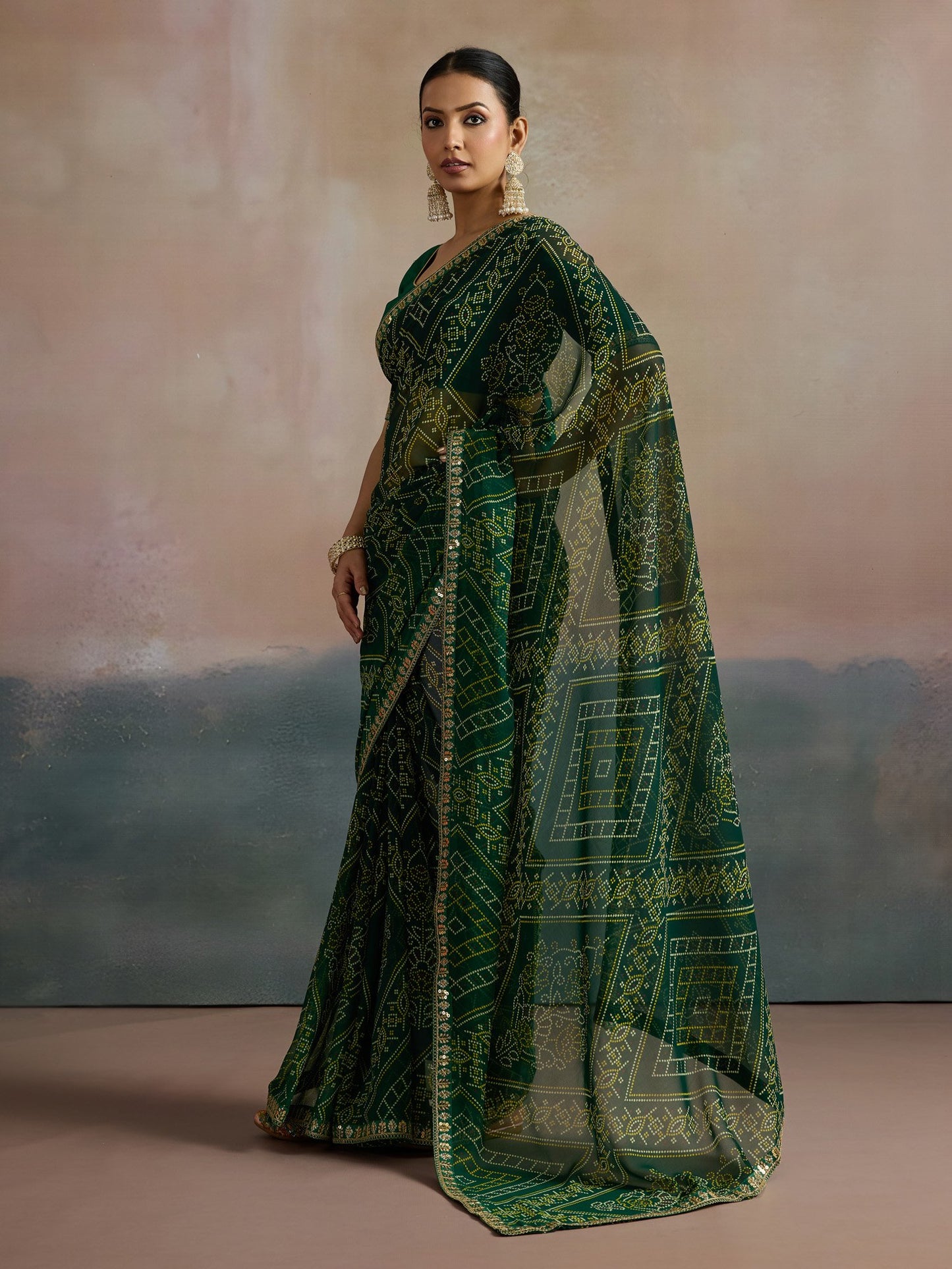 Green Bandhani Georgette Printed Saree