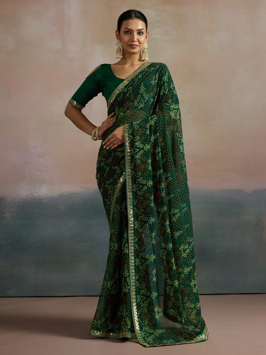 Green Green Bandhani Georgette Printed Saree