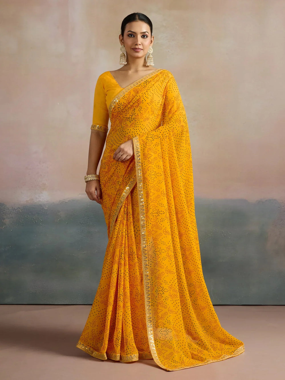 Yellow Bandhani Georgette Printed Saree - The Dori Store
