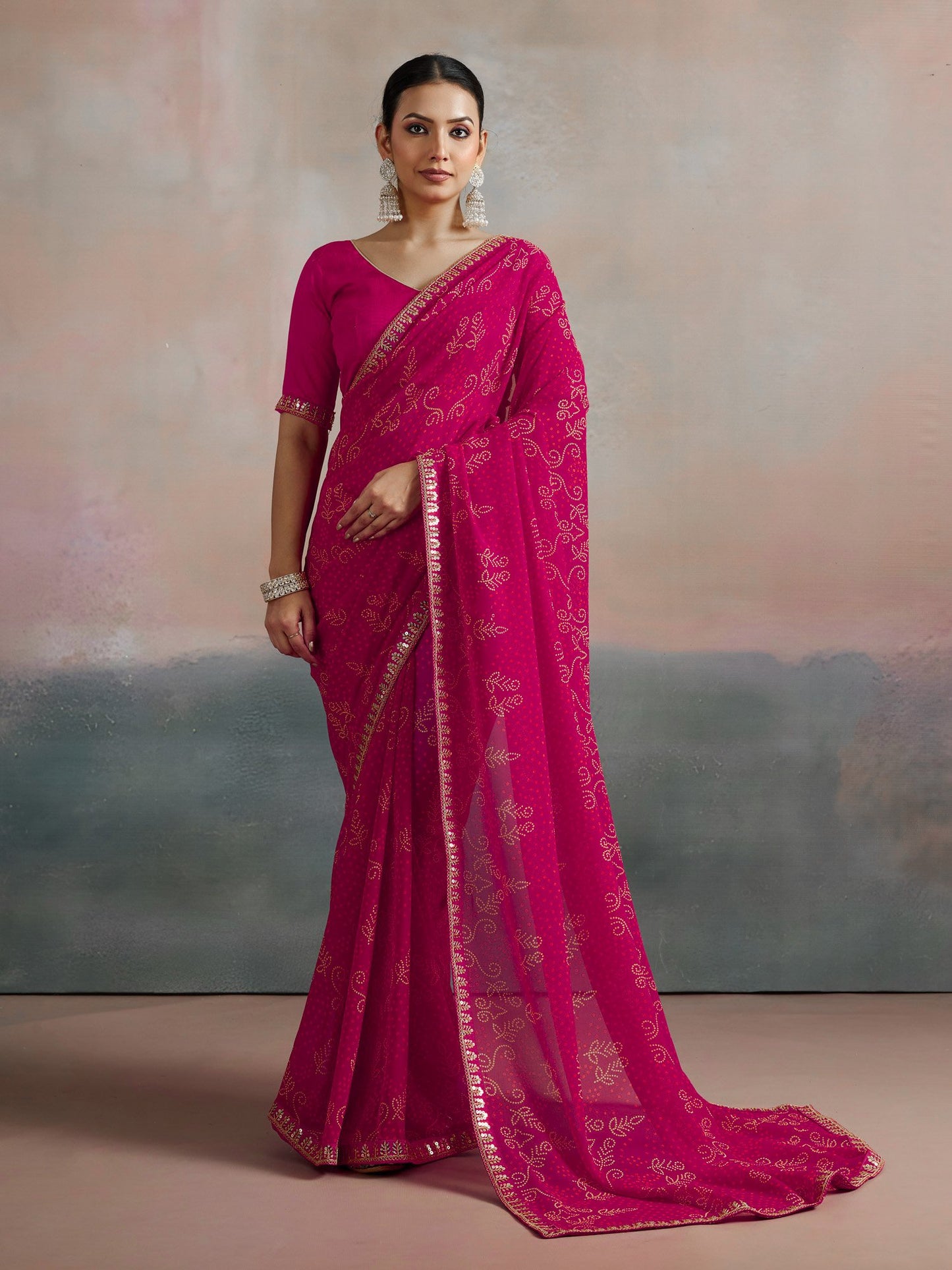 Pink Bandhani Georgette Printed Saree