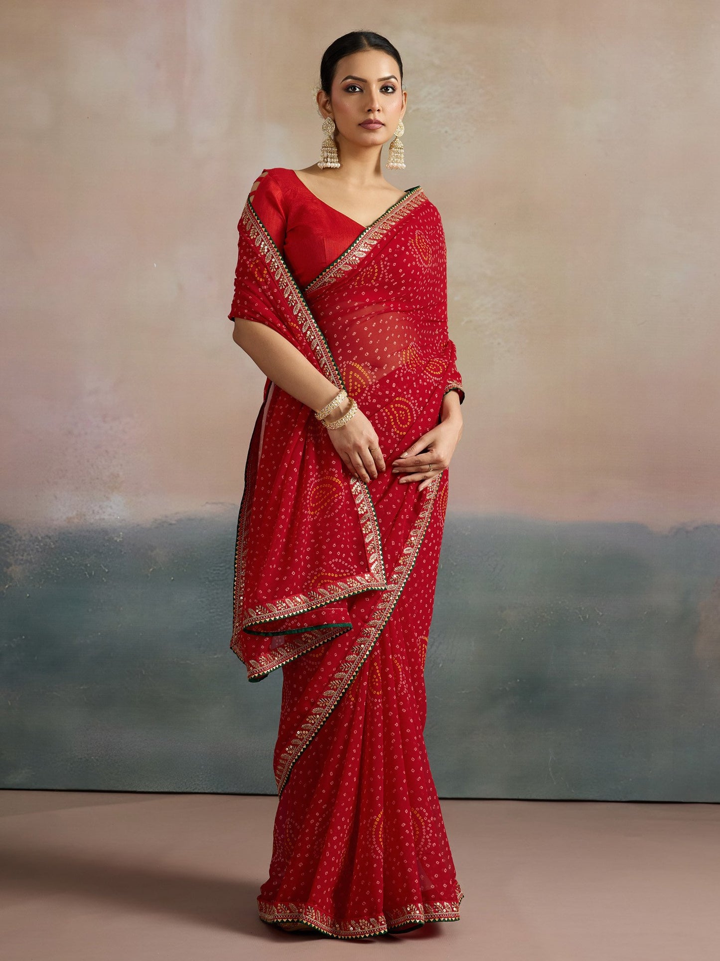 Red Bandhani Georgette Printed Saree