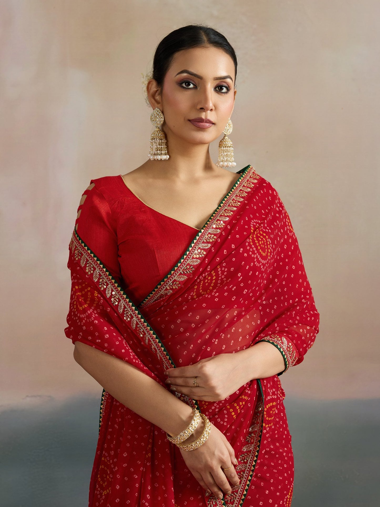 Red Bandhani Georgette Printed Saree