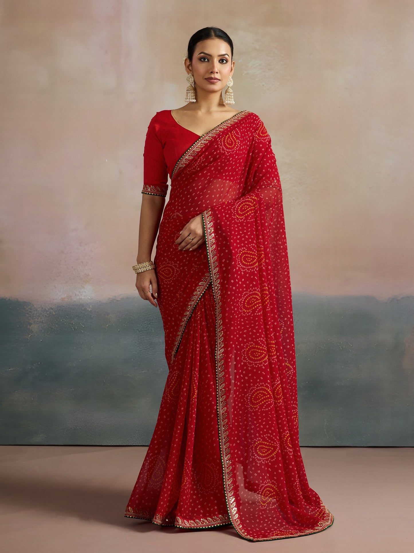 Red Red Bandhani Georgette Printed Saree