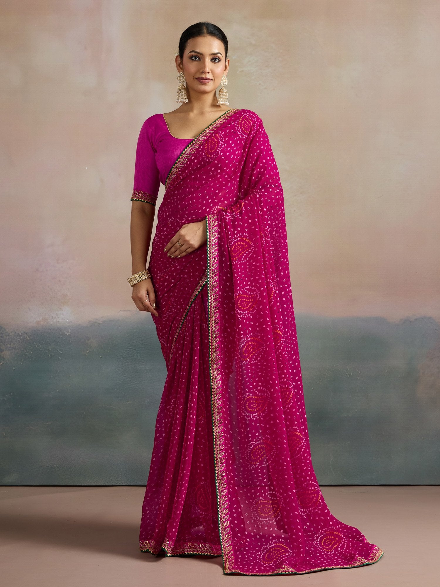 Pink Pink Bandhani Georgette Printed Saree