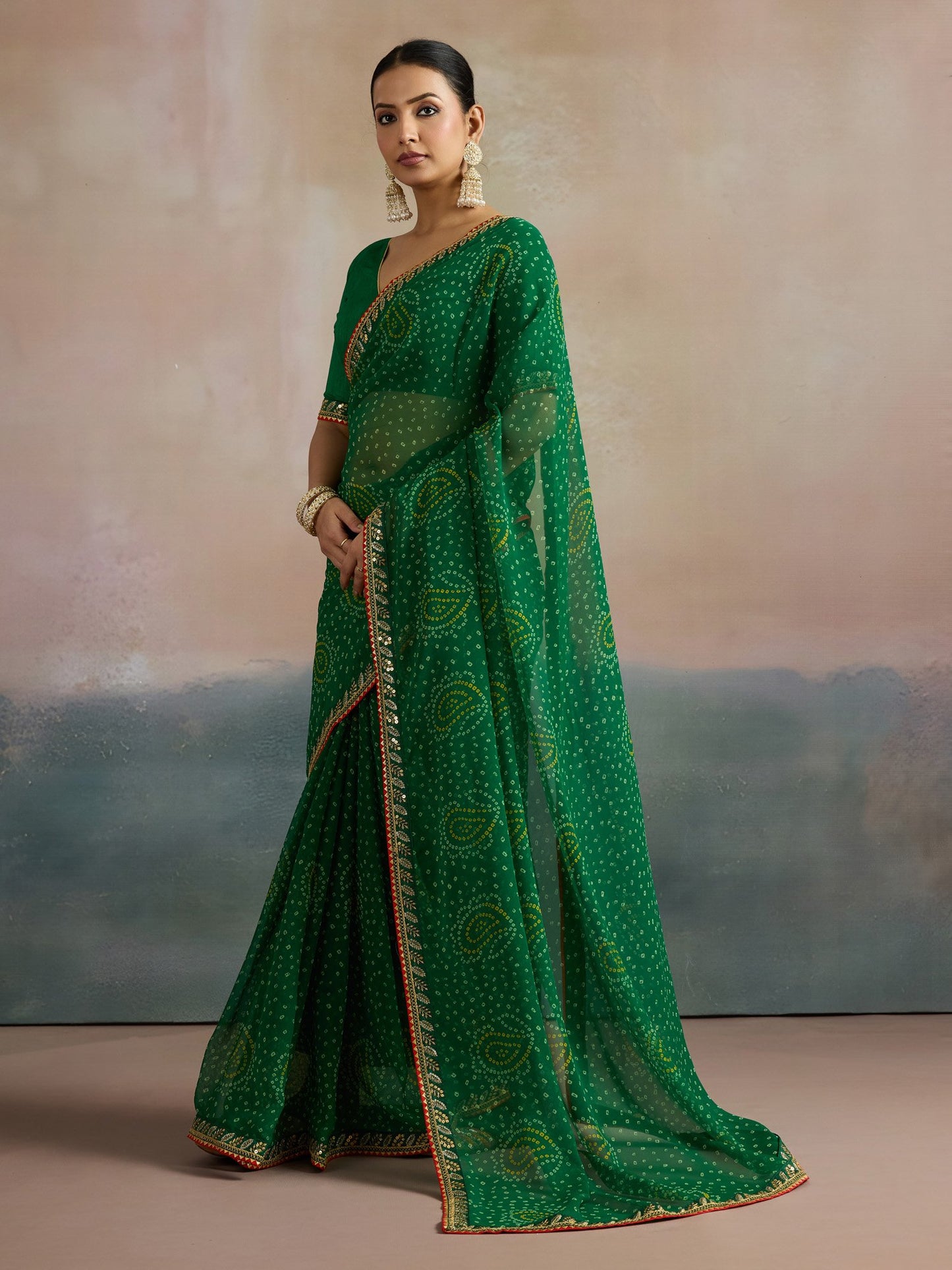 Green Bandhani Georgette Printed Saree
