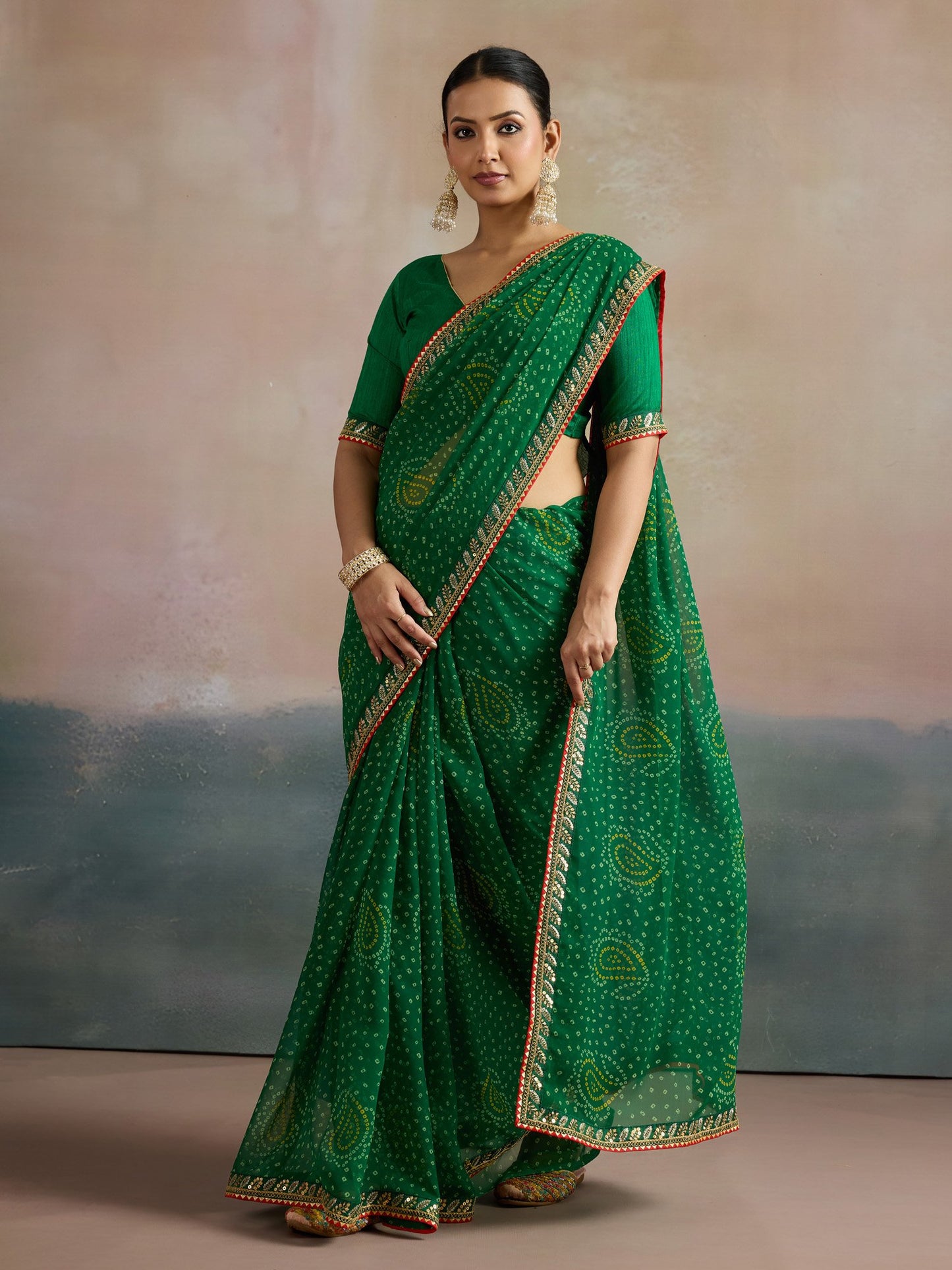 Green Bandhani Georgette Printed Saree