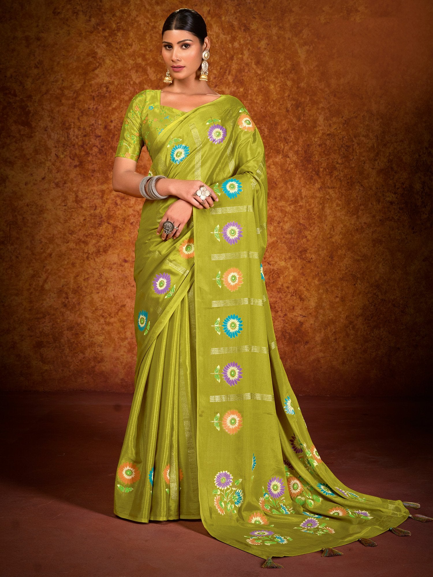 Green Light Tussar chinnon Printed Saree