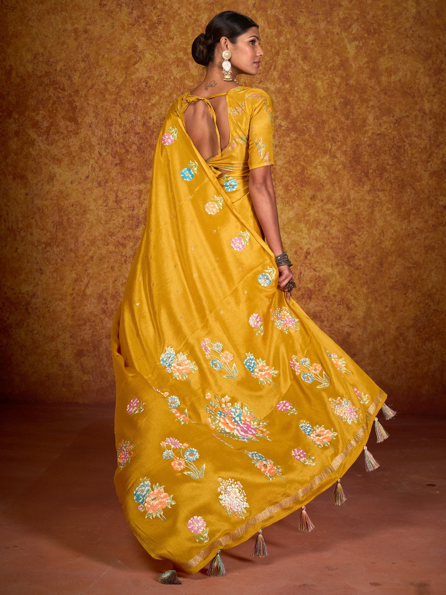 Mustard Tussar chinnon Printed Saree