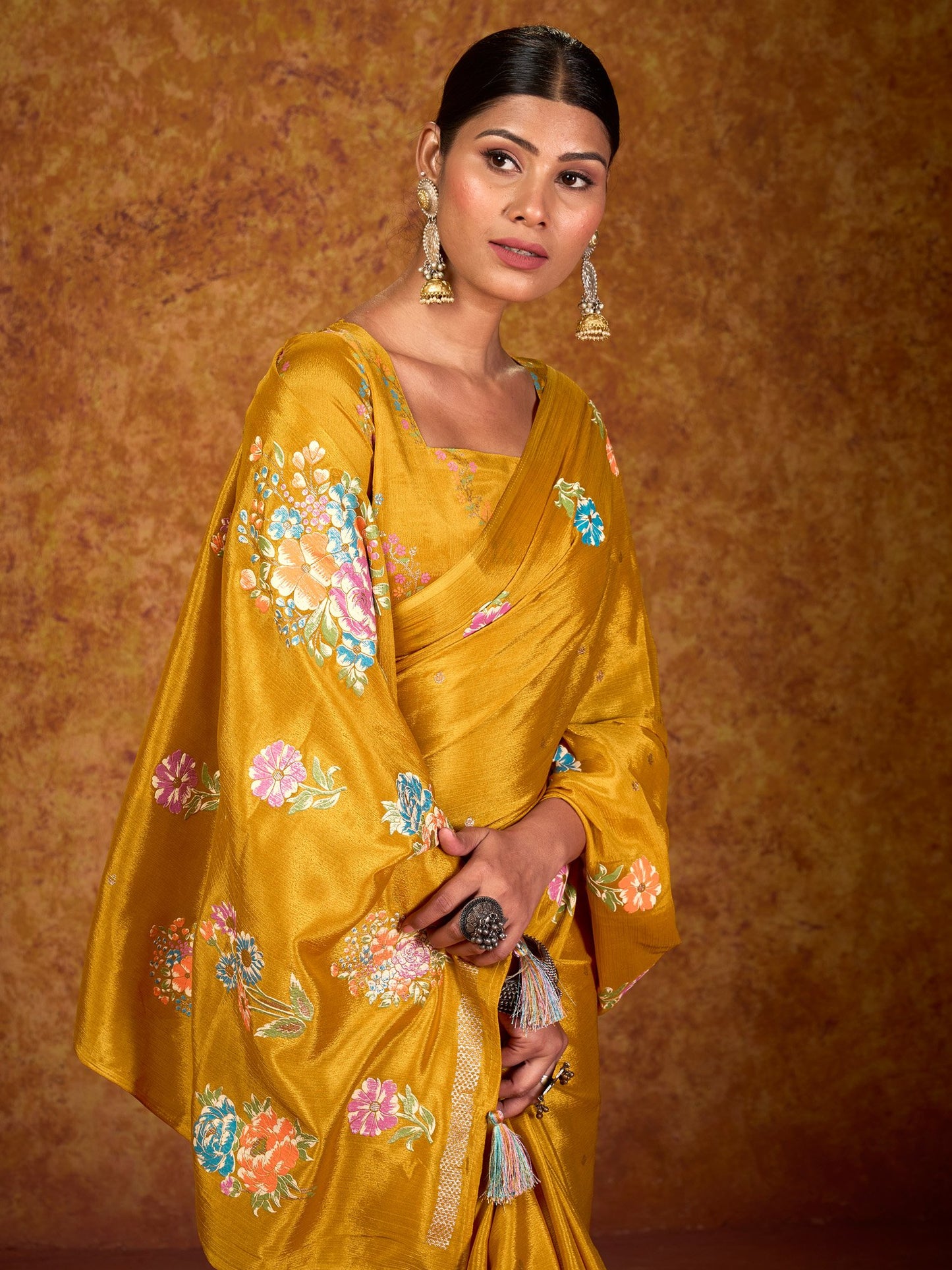 Mustard Tussar chinnon Printed Saree